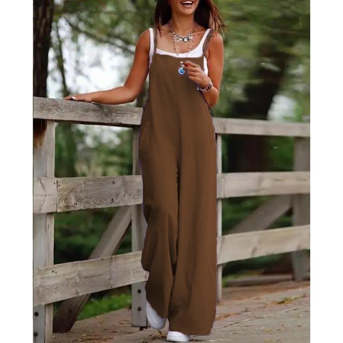 Mono recto con tirantes de algodón y lino para mujer, peto holgado con tirantes de Color sólido a la moda, con bolsillo de ocio, para verano