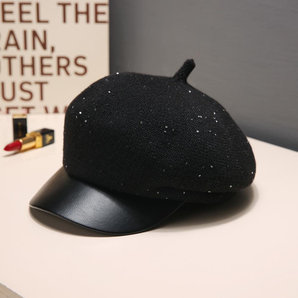 Korean Versatile Little Fragrance Style Sequin Beret Autumn and Winter British Retro Warm Octagonal Hat Outdoor Casual Hat Women