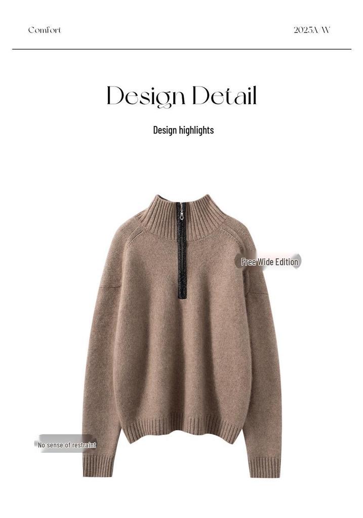 Women's 2025 Autumn/Winter Solid Color Cashmere Stand Collar Sweater - Thick, Loose, Fashionable, and Versatile Knitwear.