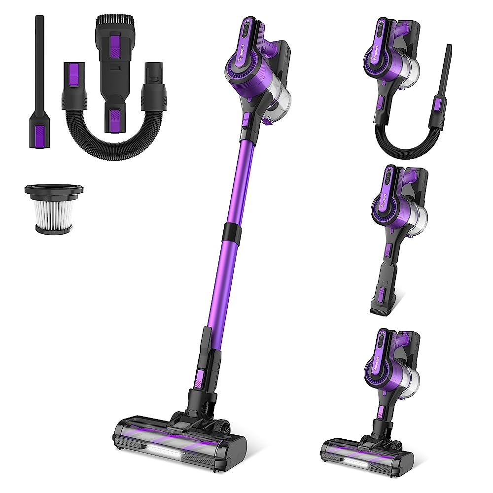 Poweart V870 Cordless Stick Vacuum Cleaner, 30Kpa Powerful Suction 8 In 1 Self-Standing Handhel Vacuum, Blue, Purple