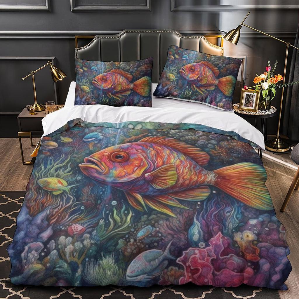 3D Digitaldruck Farbe Fisch Serie Bettbezug Kissenbezug Zwei- oder Dreiteiliges Set Polyester Schleifen