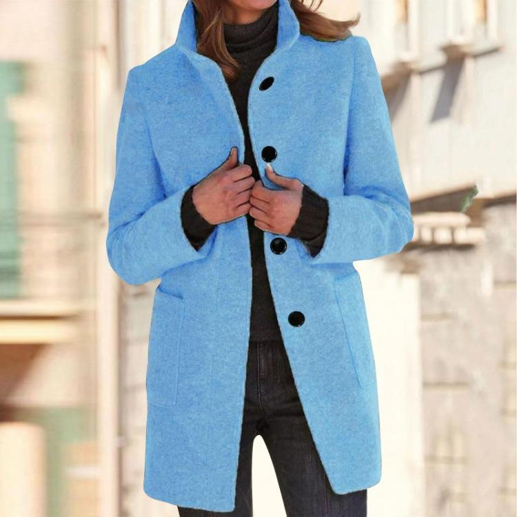 Women's Casual Solid Color Woolen Jacket with Collar and Pocket Long Sleeve Button Up Coat