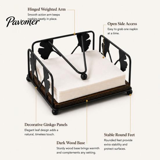 Rustic Napkin Holder Holder, with Anti-Slip Wooden Base And Weighted Arm, Smooth Stable Dispenser Access Square Iron Stand, for Restaurants