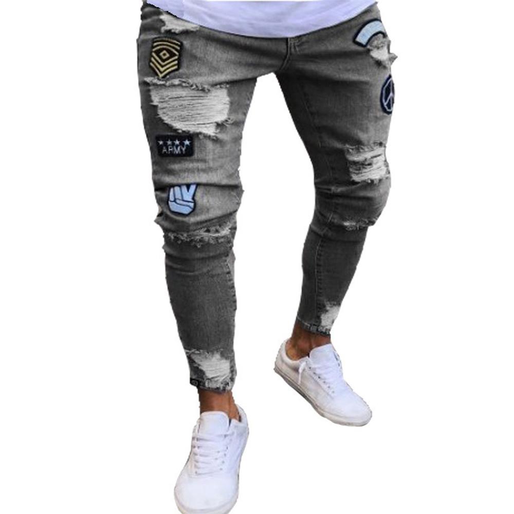 White Embroidery Skinny Ripped Jeans Men Cotton Stretchy Hole Slim Fit Hip Hop Denim Pants Casual Jeans for Men Jogging Trousers
