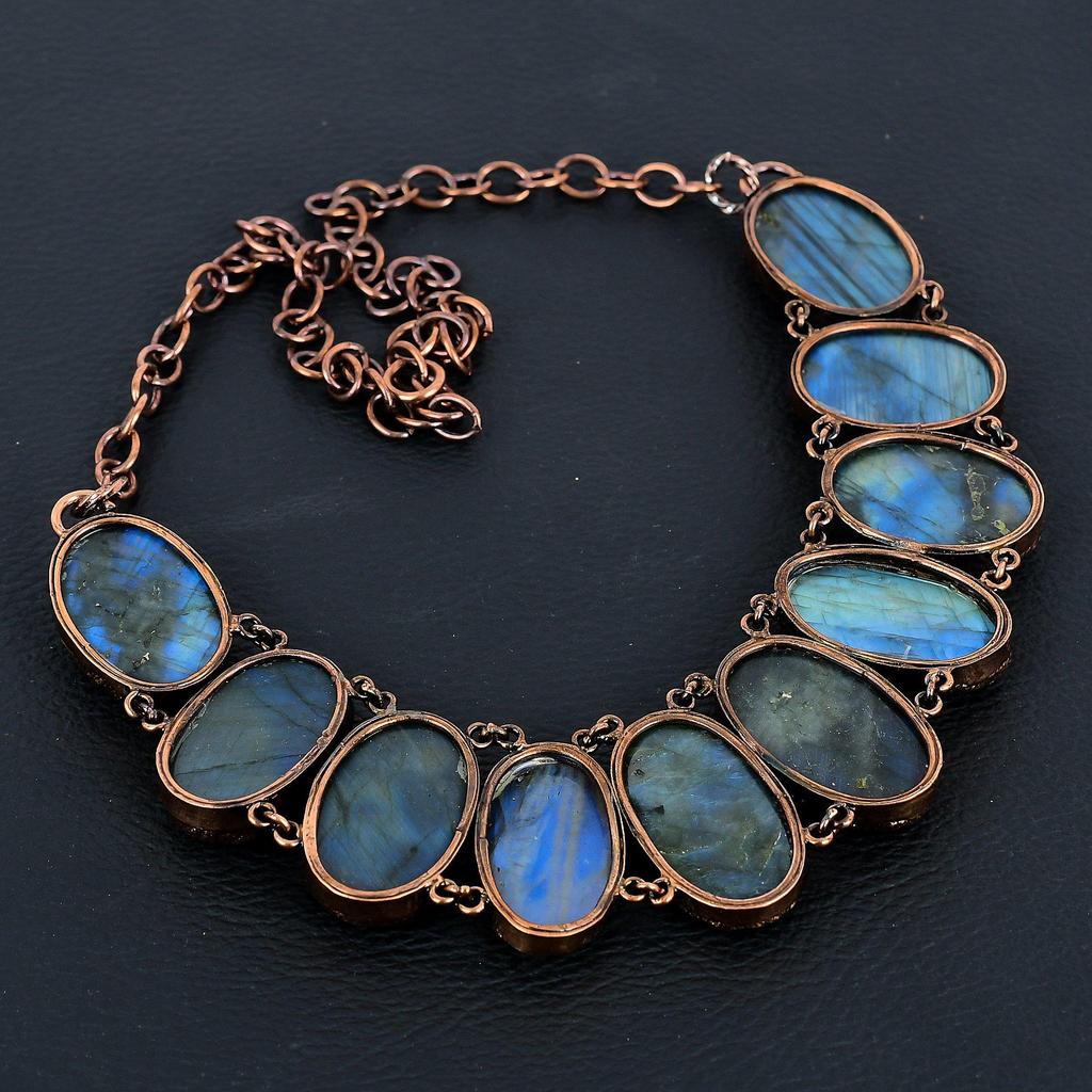 Labradorite Handmade Gemstone Necklace, Copper Electroformed Antique Jewelry Adjustable Chain Necklace, For Engagement Gift