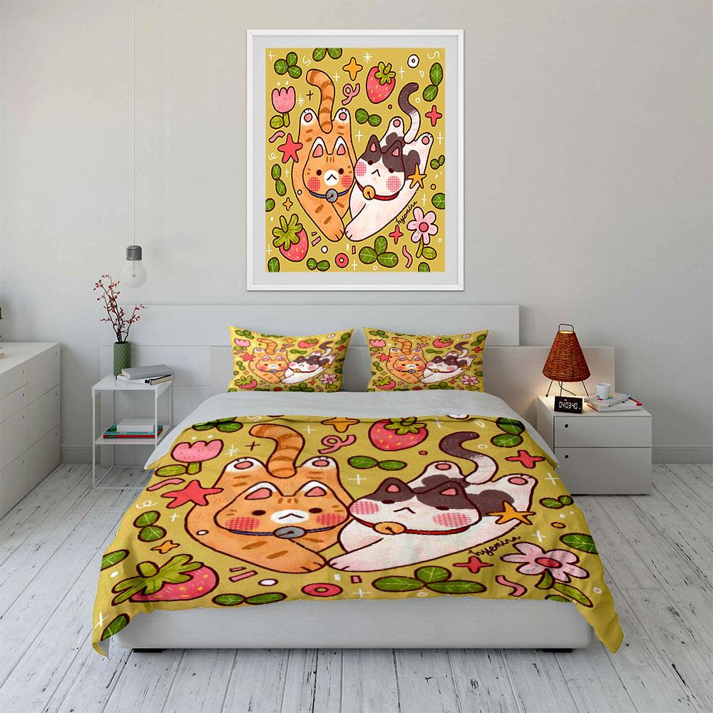 Cute Cats with Strawberries Pattern Bedding Duvet Cover Set Duvet Cover Pillowcases (1*Duvet Cover 2*Pillowcases, Without Duvet Insert)