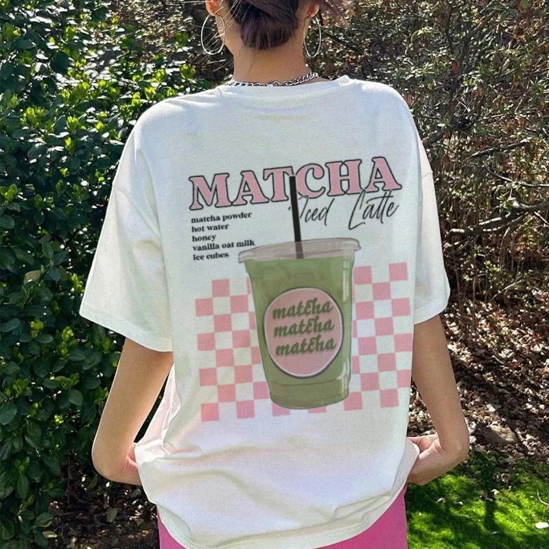 Y2k Aesthetic Matcha Latte Back Print TShirt Cute Matcha Lover T Shirt Egirl Loose Retro Streetwear Tops Women Fashion Clothing