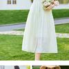 Tea break French V-neck tied waist, bubble sleeves, printed seaside vacation style dress