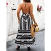 Abito Halter per Donna Stampa Patchwork Vita Alta Senza Spalle Schiena Nuda Fiocco Abito Lungo Estate Vacanza al Mare Casual Moda Plus Abito Maxi