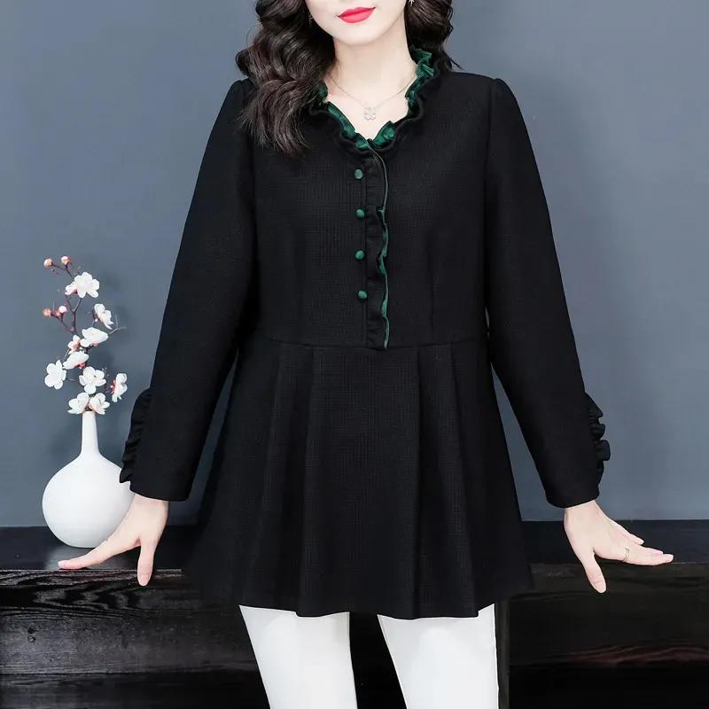 Plus Size Women's New Spring Style Contrasting Color Fungus Solid Color Long-sleeved Tops