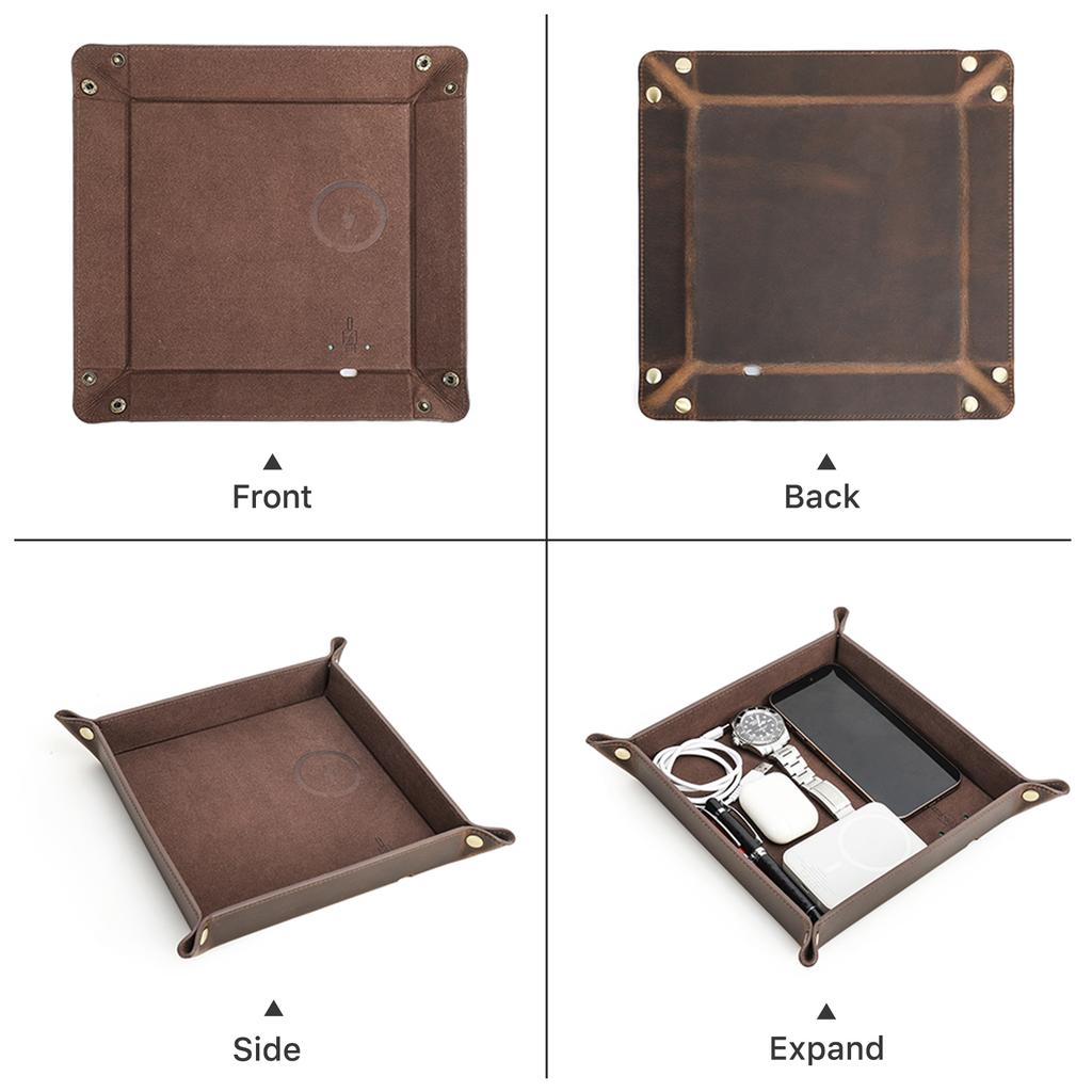 Creatieve Valet Tray van Echt Leer met Draadloos Opladen voor Telefoon Sleutel Munt Pen Bureau Opbergruimte Diverse Spullen Kist Doos Ornamenten