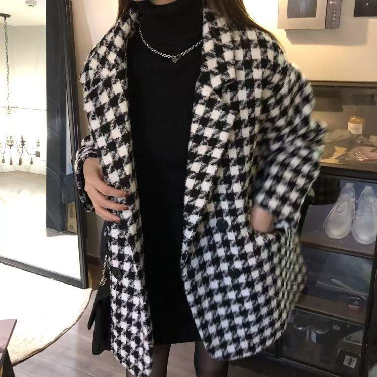 2024 Women's Mid-Length Warm Plaid Wool Coat
