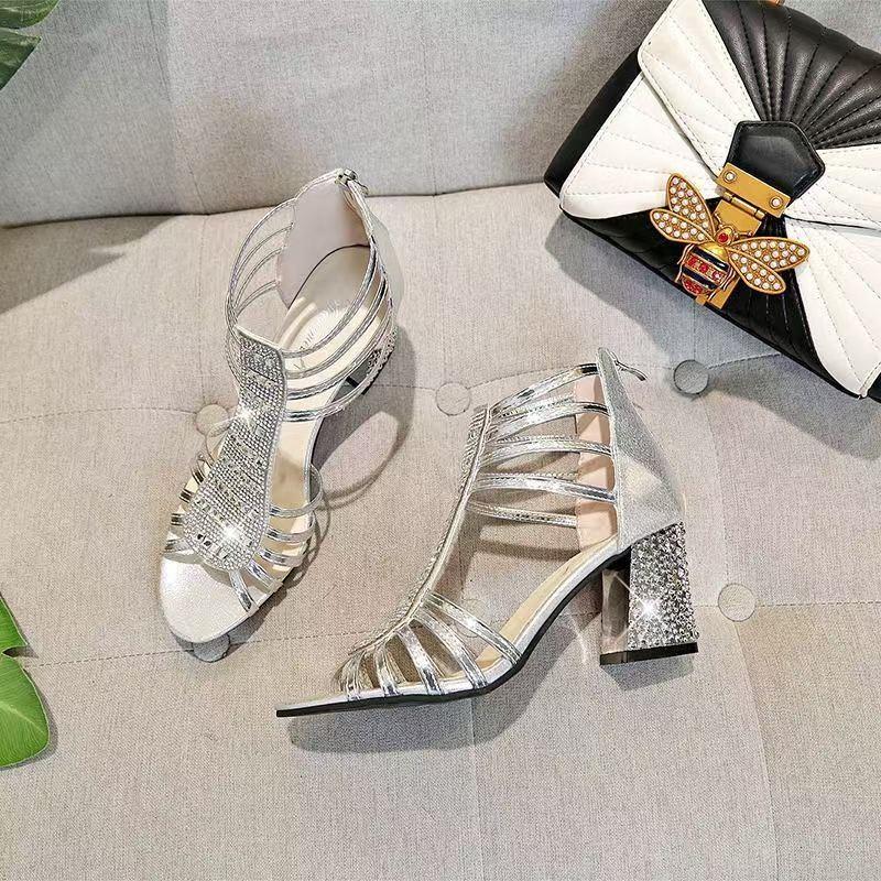 Women's Sandals Peep Toe Chunky Heels Silver Women Wedding Shoes Ankle Boots Sandal Open Toe High Heels Dress Gold Bling Pump