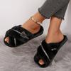Fashion Fashion Crystal Cross Strap Fur Slippers for Women Cozy Warm Fluffy Winter Slippers Woman Open Toe Soft Plush Indoor House Shoes