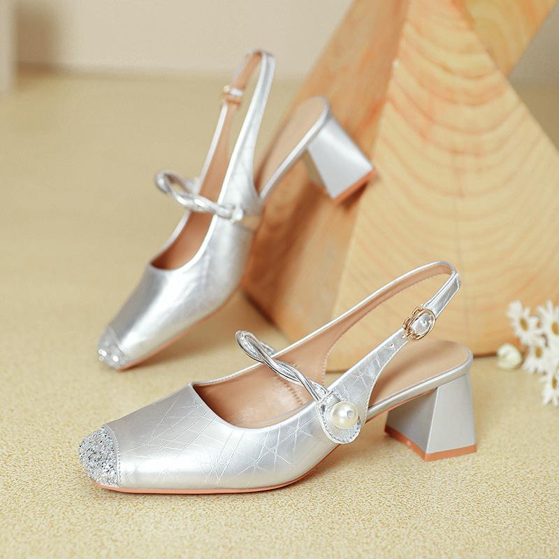 French Mary Jane bag head sandals women's thick heel 2025 new summer silver word with square head empty high heels