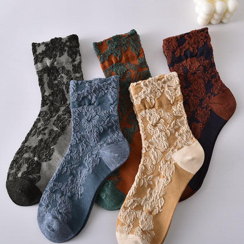 5 Paare/ Los Traumähnliche Damen Socken Harajuku Retro Stickerei Frühling 3D Strickerei Blumen Geprägter Druck Lolita Weihnachtsgeschenk