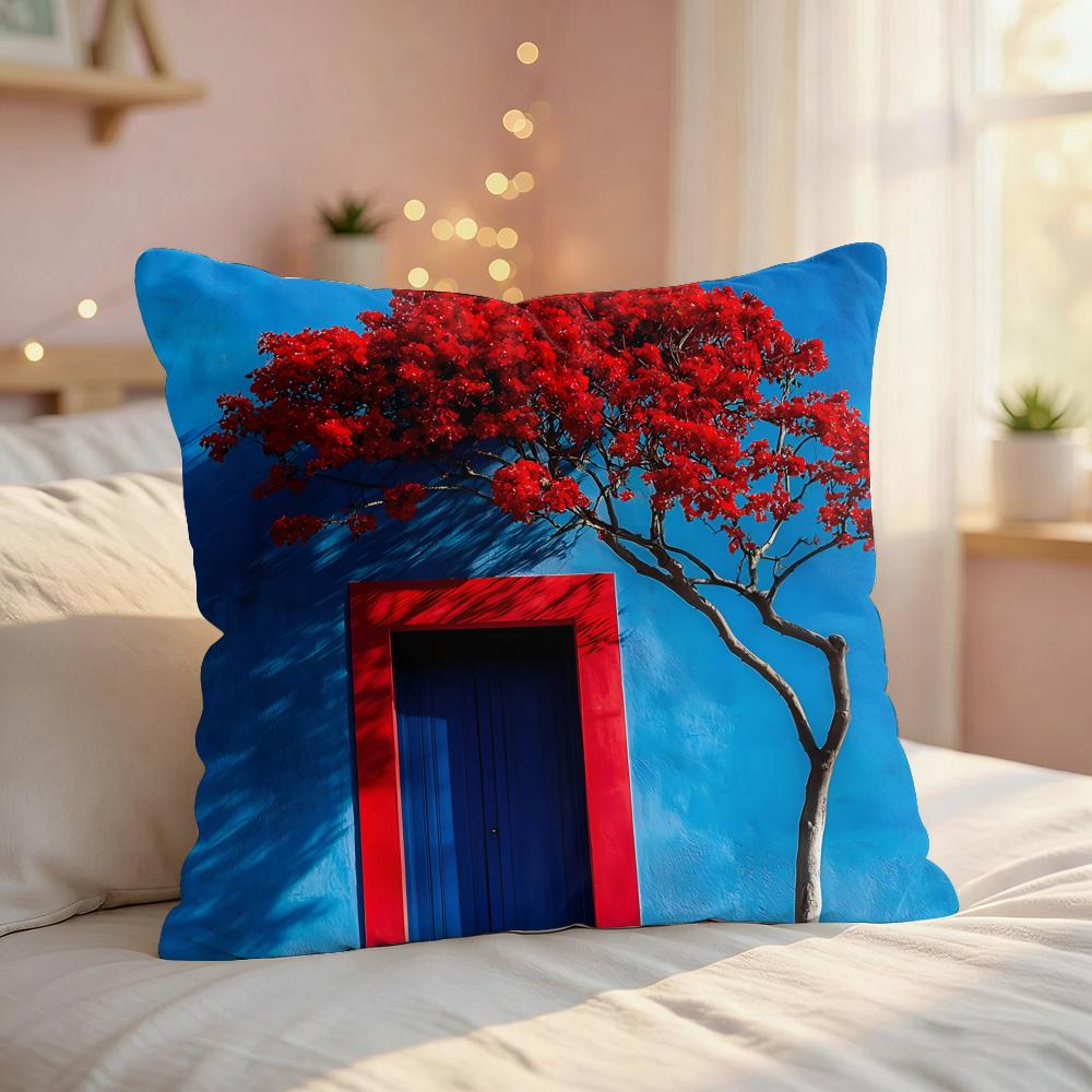 Village Door Window Oil Art Cushion Cover Silky Short Plush Invisible Zipper Dustproof Sofa Pillow Case For Home Decor