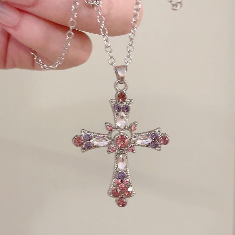 Gothic Y2K Crystal Zircon Cross Pendant Necklace for Women European and American Fashion Neck Chain Party Jewelry Birthday Gift