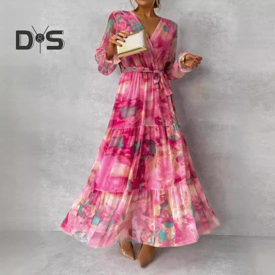 Women Evening Dress Patchwork V Neck Lace-up Waist Bohemian Style Lantern Sleeves Pleated Chiffon Colorful Print A-line Big Hem Maxi Dress