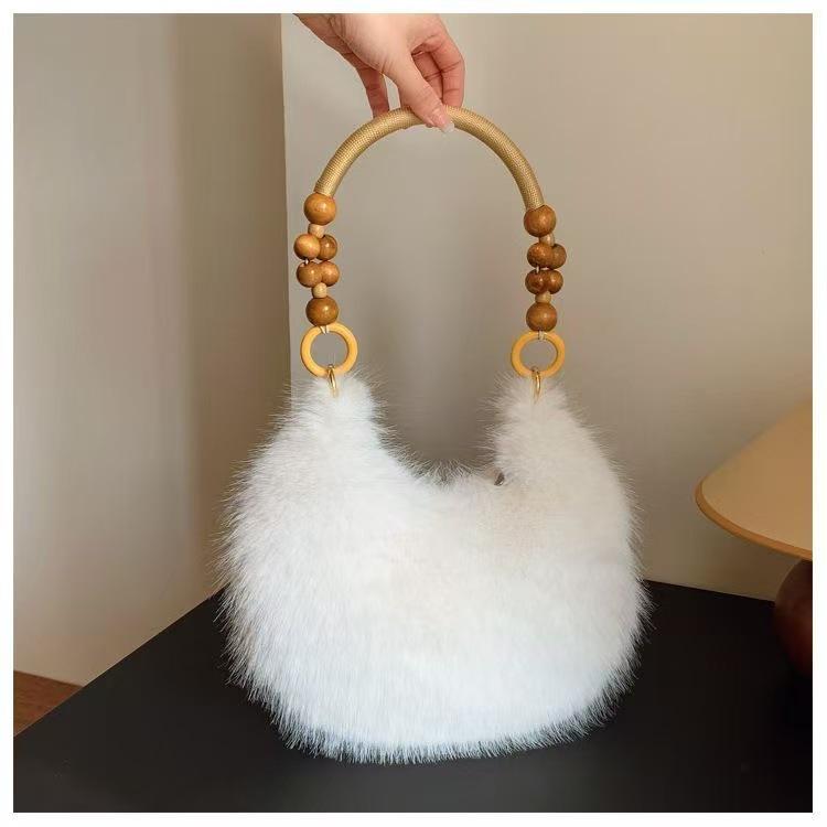 Women's Korean Style Wooden Bead Fluffy Tote: Fashionable Shoulder Bag, Versatile High-Value Design