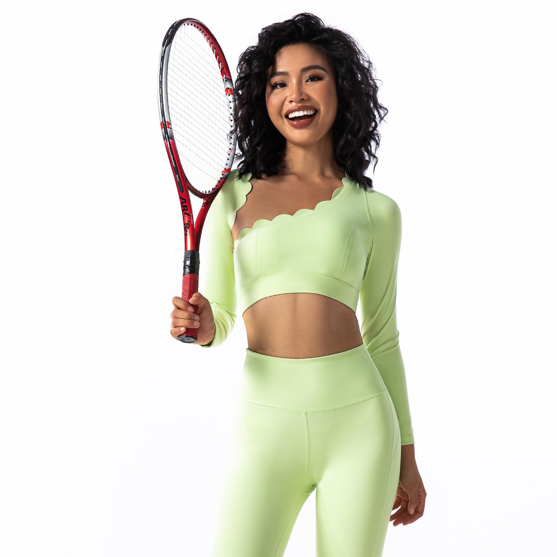 Женский нерегулярный высокоэластичный быстросохнущий фитнес-топ с длинным рукавом для йоги и пилатеса Medium