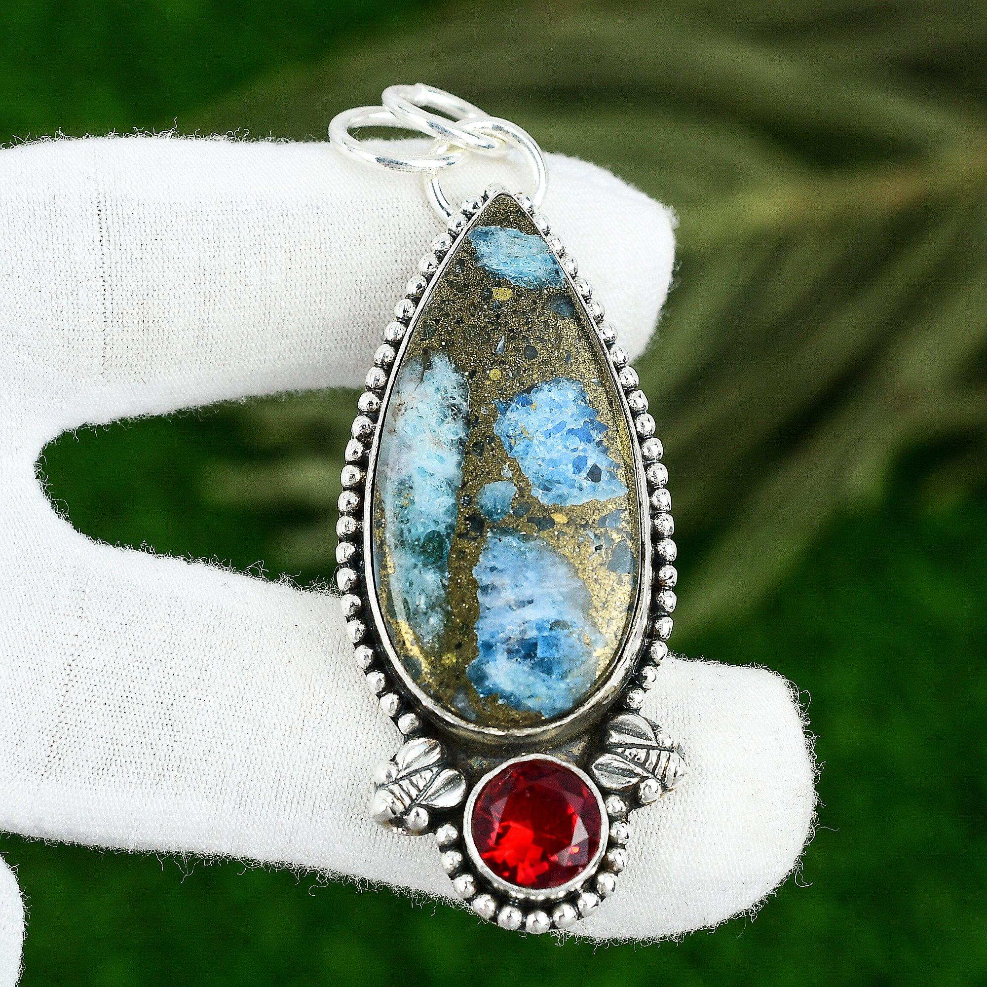 

925 Silver Pear Natural Copper Neon Apatite Mozambique Garnet Pendant Jewelry