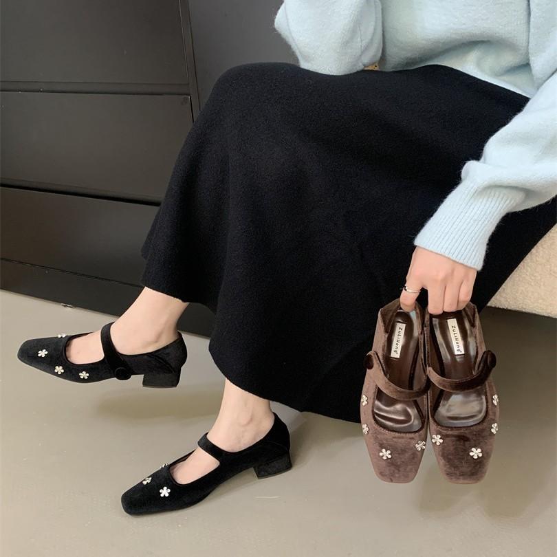 Inner height increase round head suede Mary Jane single shoes women's shoes 2025 new spring and autumn red with skirt evening shoes