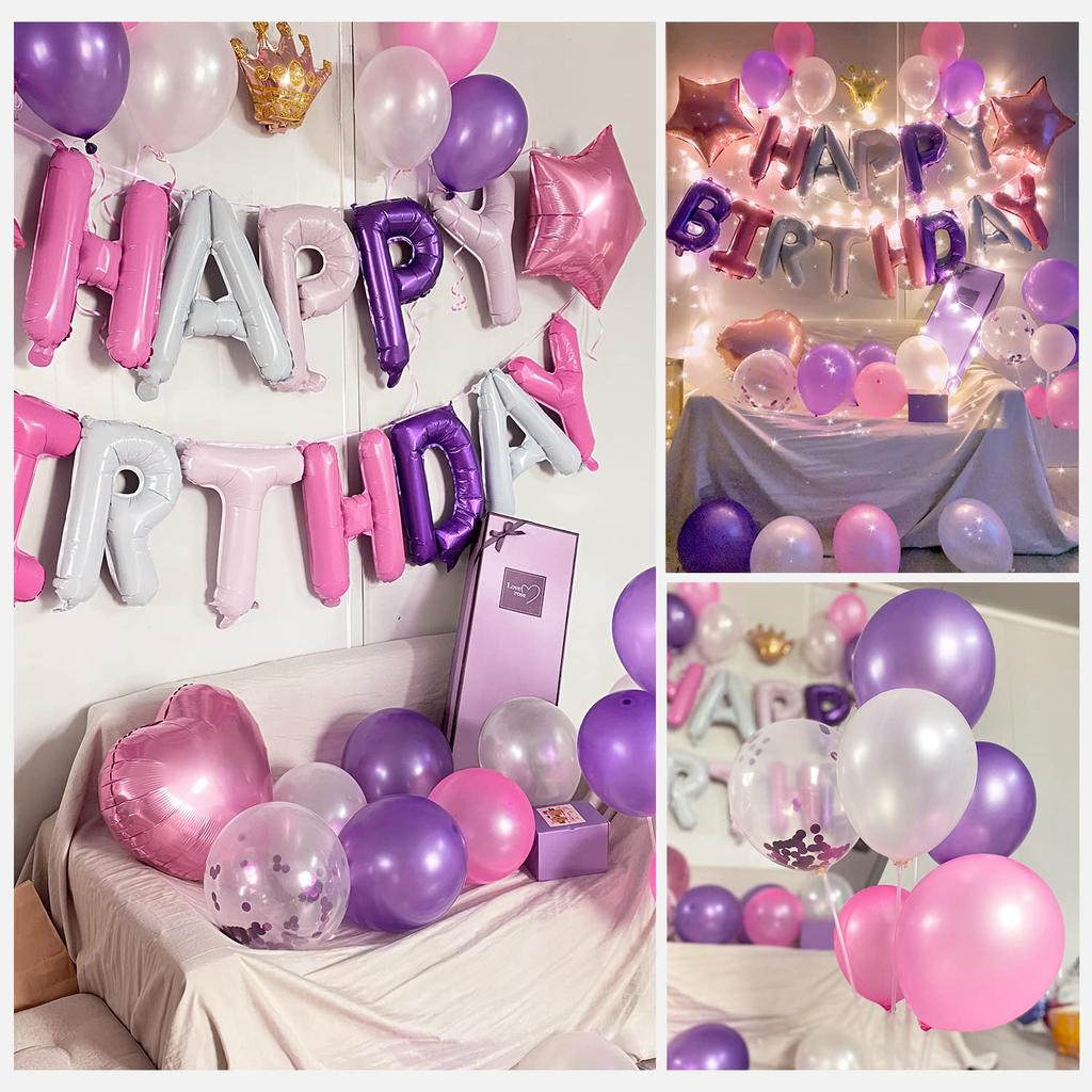 Iysoll Birthday Balloon Decoration Set Garland Crown Confetti Balloons Surprise Party Supplies Purple Pink