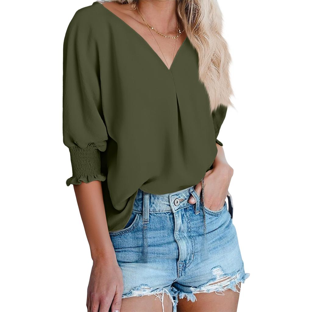 Women's Fashion V-Neck Casual Solid Color Three-Quarter Sleeve Top