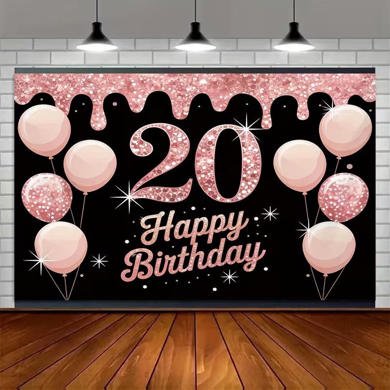 2D Black & Rose Gold Glitter 20th Birthday Party Decoration Background