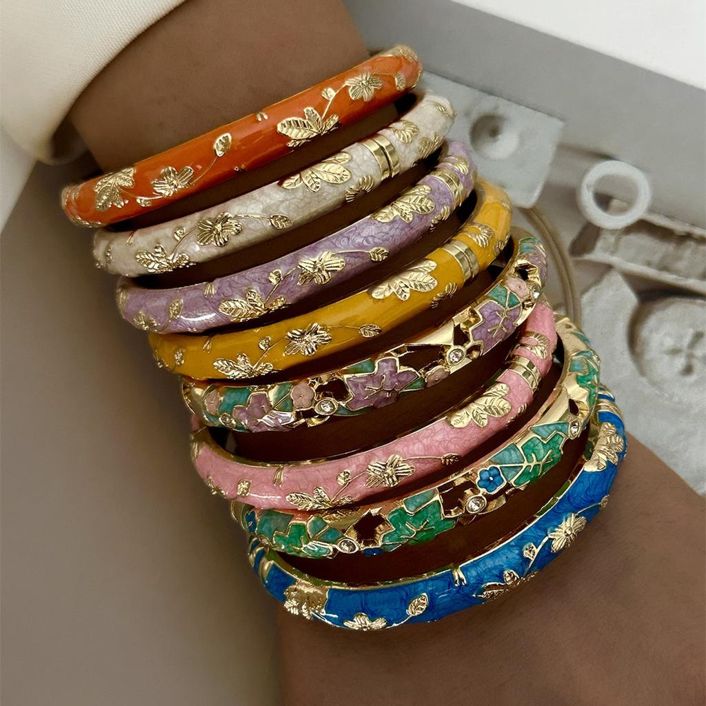 Ethnic Style Luxury Multicolor Enamel Flower Bracelets For Women Gold Color Leaf Floral Cloisonne Bangle Bohemia Charm Jewelry