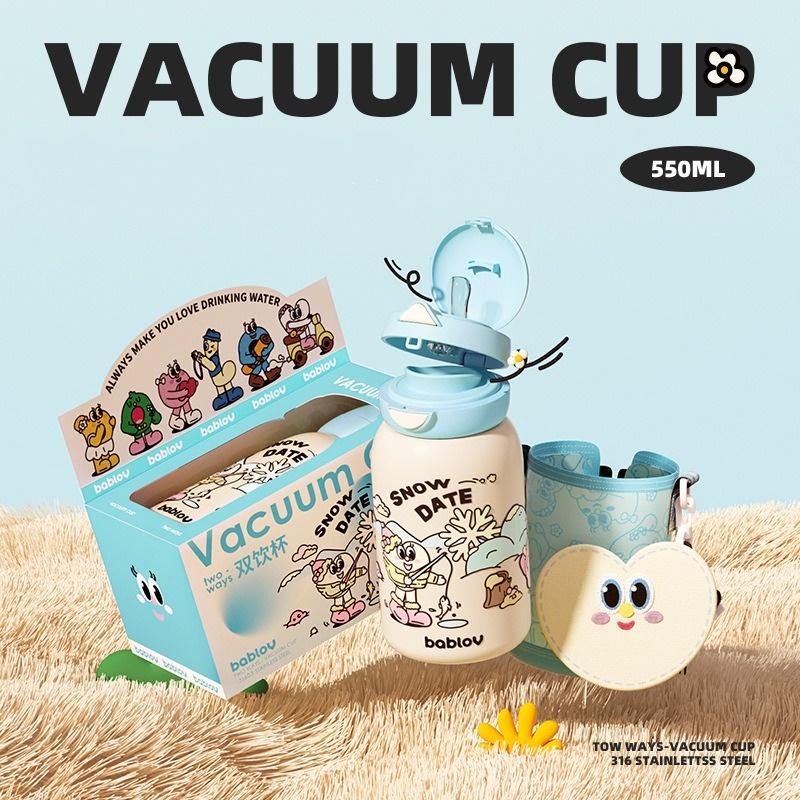 Bablov 550ML Thermos Water Bottle With Straw Cute Cartoon Stainless Steel Vacuum Flask Kids Portable Outdoor Camping Water Cup