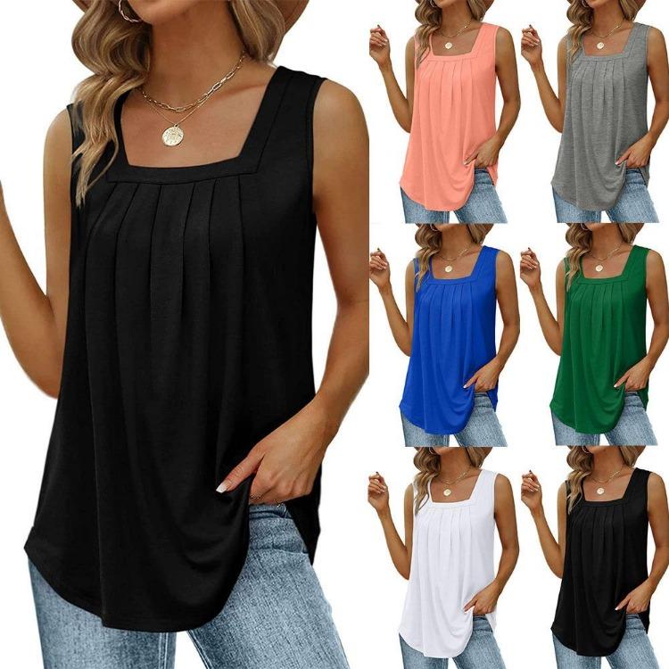 Women Summer Loose Flowing Sleeveless Vest Top with Pleated Square Neck and Curved Hem