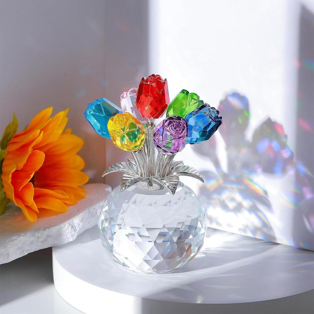 Crystal colored rose ornament with vase Colorful Rose Love Home Decor Crystal Flower Figurines Table Colourful Rose Bouquet Deco