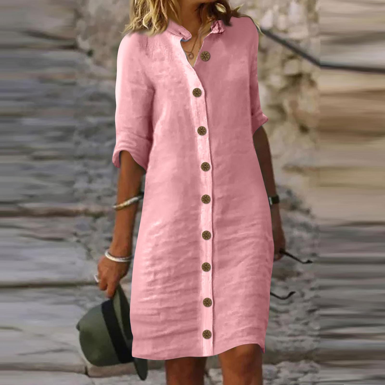 

Женское платье с рубашкой и рукавами миди, однотонные повседневные платья M розовый