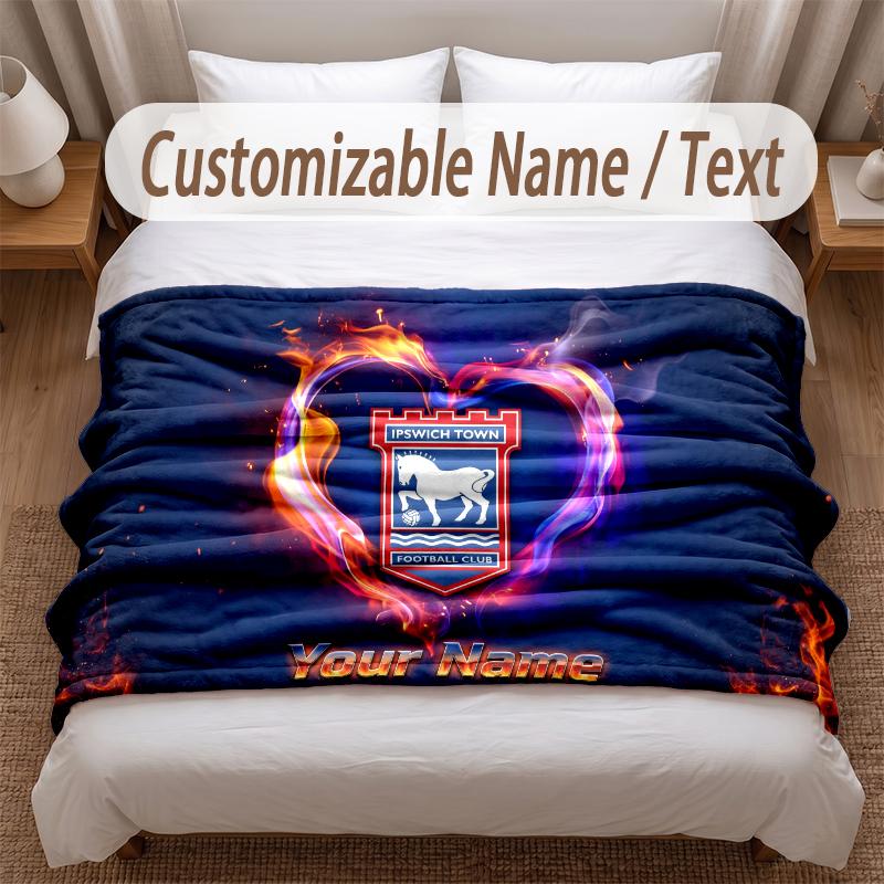 Ipswich Town Printed Flannel Blanket Custom Name Text Soft Warm Throw For Bedroom Holiday Gift