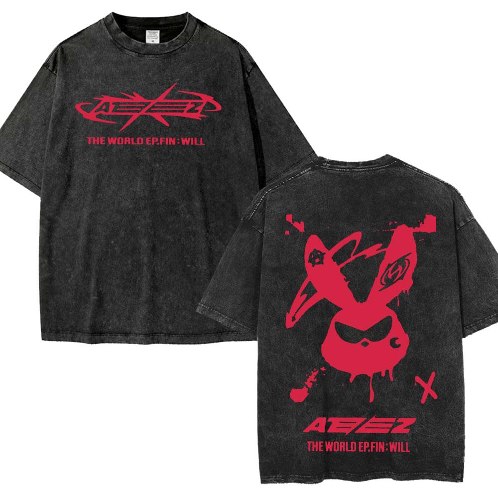 Short Sleeved Round Neck Yk Tshirt Men Clothing New in Top Tees Mens TShirt Washed Limited Korean Band Mingi Ateez Graphic XL