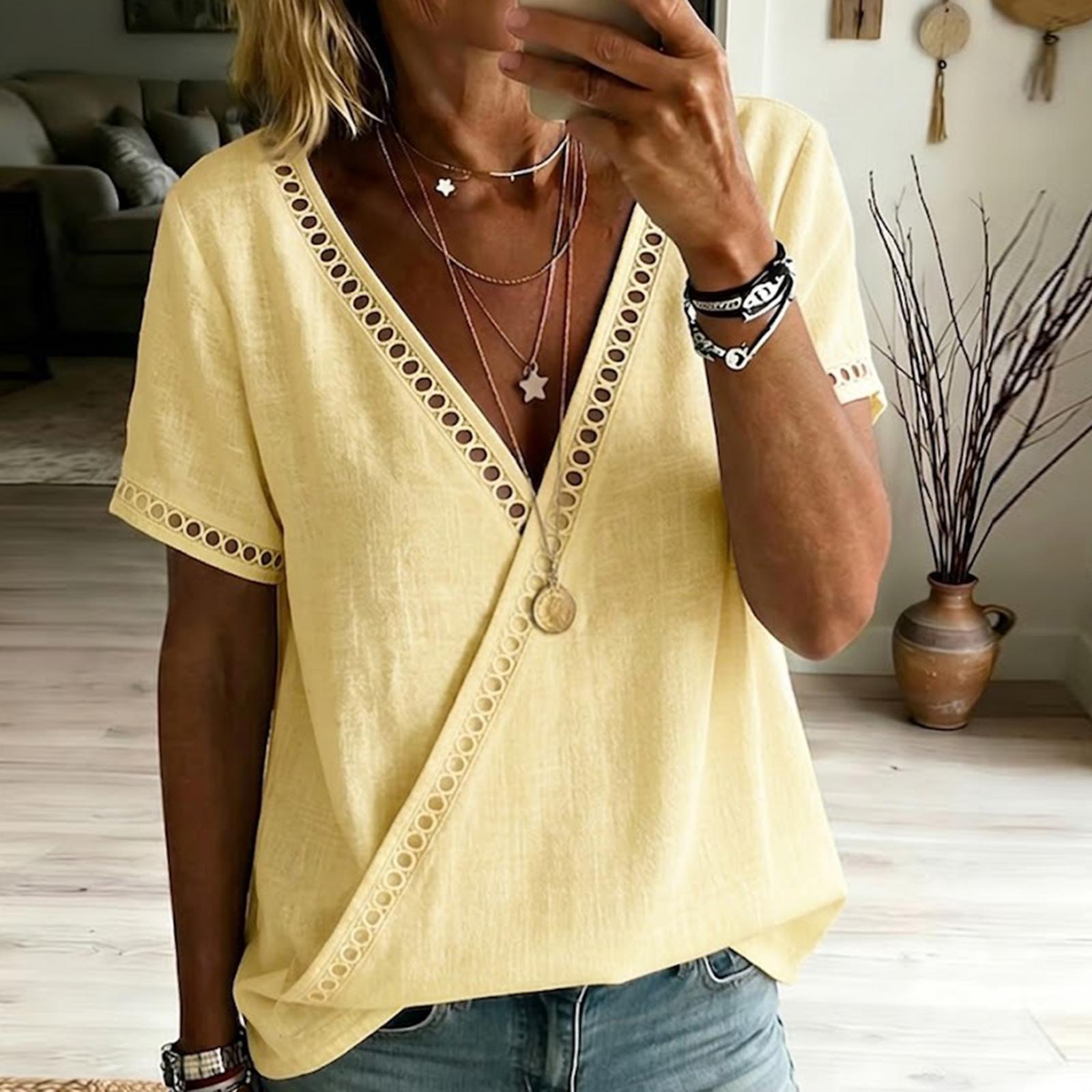 

Women s Summer Color Cotton And Linen Collar Short Sleeved Shirt XL жовтий