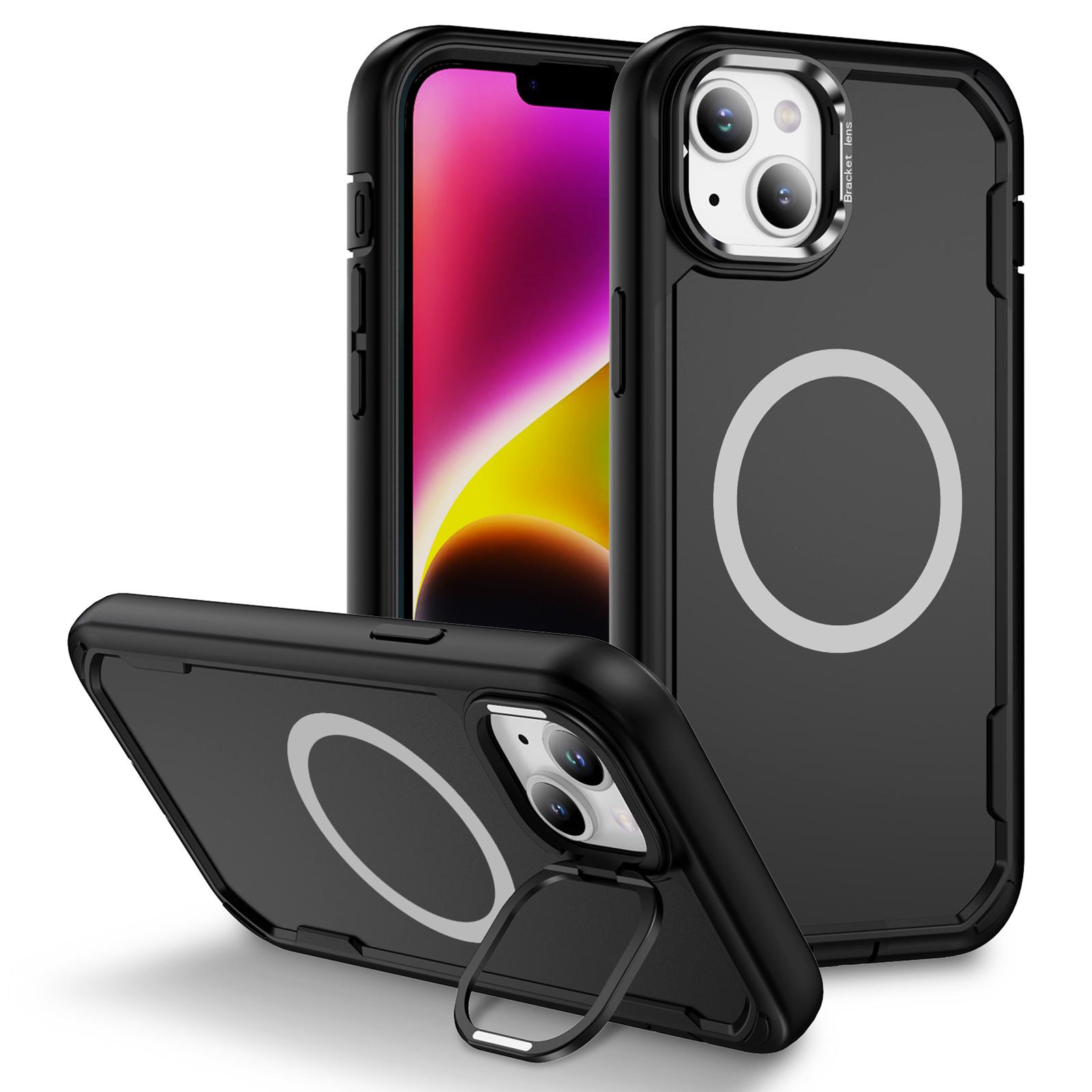 

For iPhone 15 Plus/14 Plus Case Compatible with MagSafe Lens Frame Kickstand TPU + PC Shockproof Phone Cover B