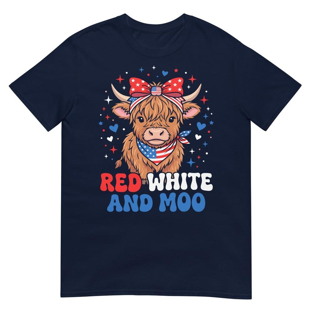 Red White And Moo Highland Patriotic Fluffy Cow 4th Of July TShirt S
