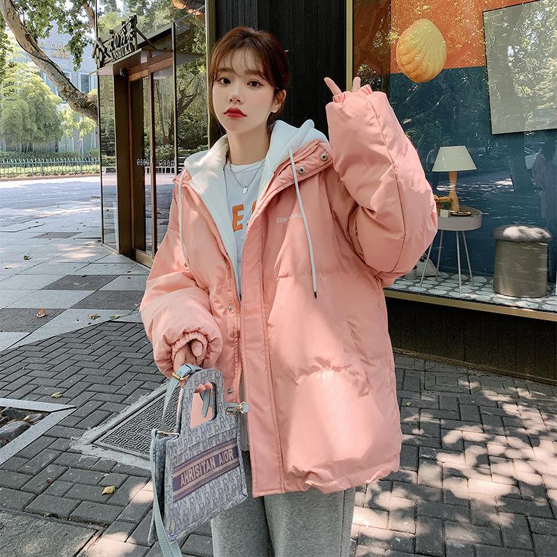 

Clothes for Women s Winter Short Cotton-padded Clothes, Hooded Splicing, Loose Large-size Thickened Cotton-padded Jackets, and Trendy Bread Clothes. 2XL 150-85 kg рожевий