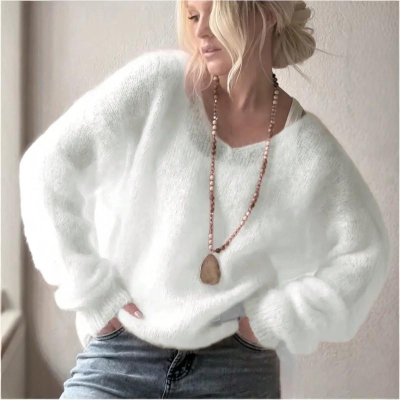 2026 Fall Winter V Neck Sweater Women Loose Lazy Style Solid Color Knit Top