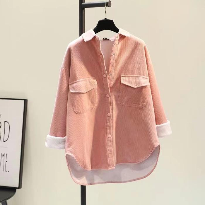 

Women s Retro Corduroy Long Sleeve Shirt - New 2023 Autumn/Winter Korean Style, White, Loose Fit, Versatile & Brushed Finish. L рожевий