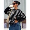 Women Striped Crew Neck Fake Two Piece Loose Long Sleeve Casual Sweatshirt