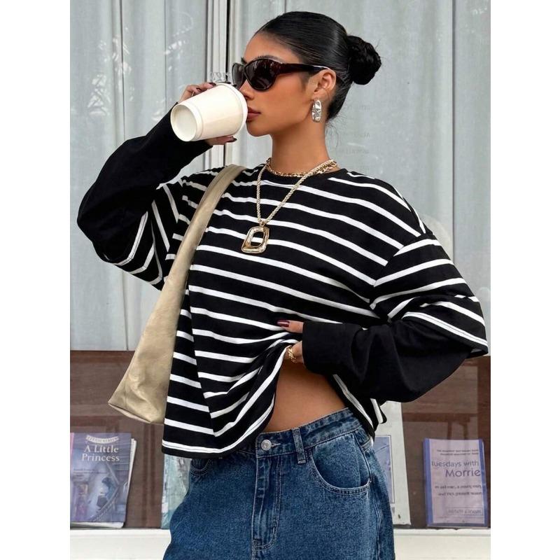 Women Striped Crew Neck Fake Two Piece Loose Long Sleeve Casual Sweatshirt