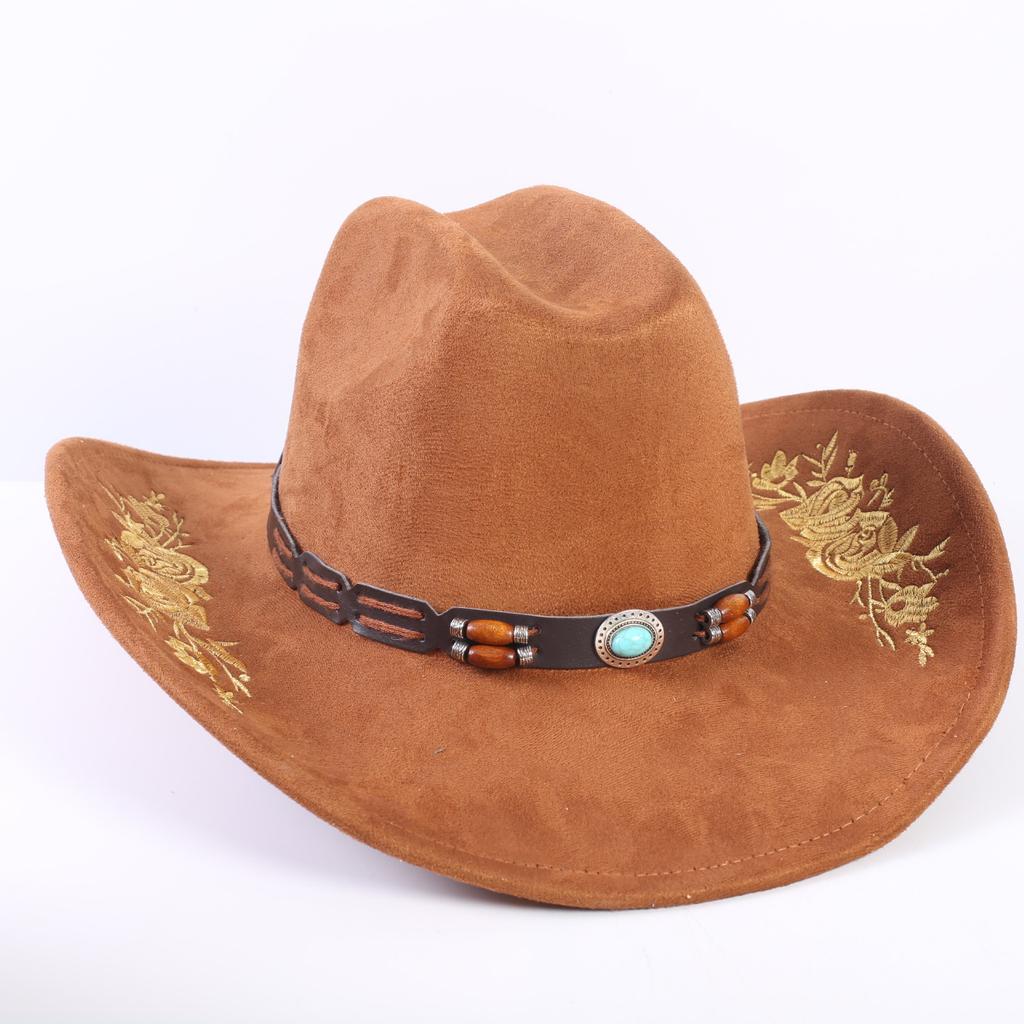 Beliebter europäischer und amerikanischer klassischer Wildleder Western Cowboyhut für Herren und Damen, großer Schirm, bestickt, Outdoor-Sonnenhut