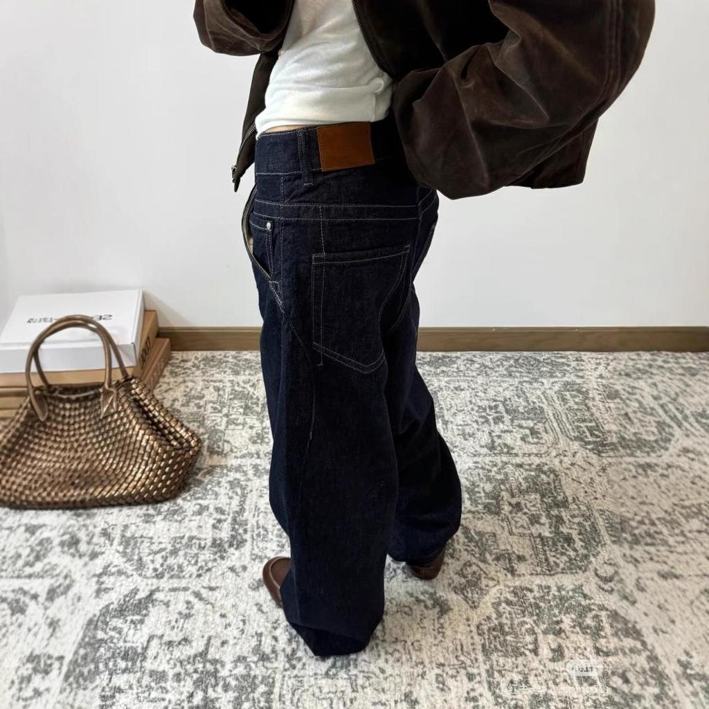 A3 Blugi Retro Denim Largi cu Picior Lat: Culoare Originală, Neutru, Talie Medie-Înaltă, Croială cu Biberon pentru Femei