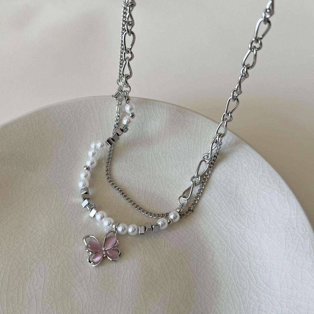 Y2K Titanium Steel Hollow Butterfly Double-Layer Necklace for Women - Light Luxury Clavicle Chain Choker