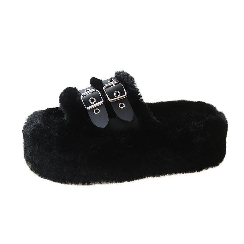 Cotton slippers Internet celebrity 2025 flat bottom fluffy slippers women wear autumn and winter new rabbit fluffy word black