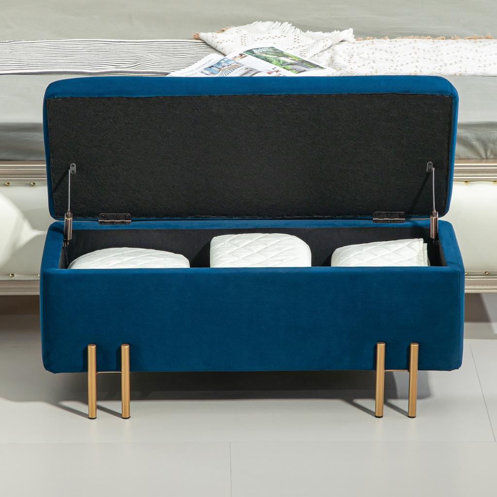 Bench, Upholstered Bench with Storage, Metal, Rubberwood, Foam, 100 x 40 x 42 cm, Dark Blue